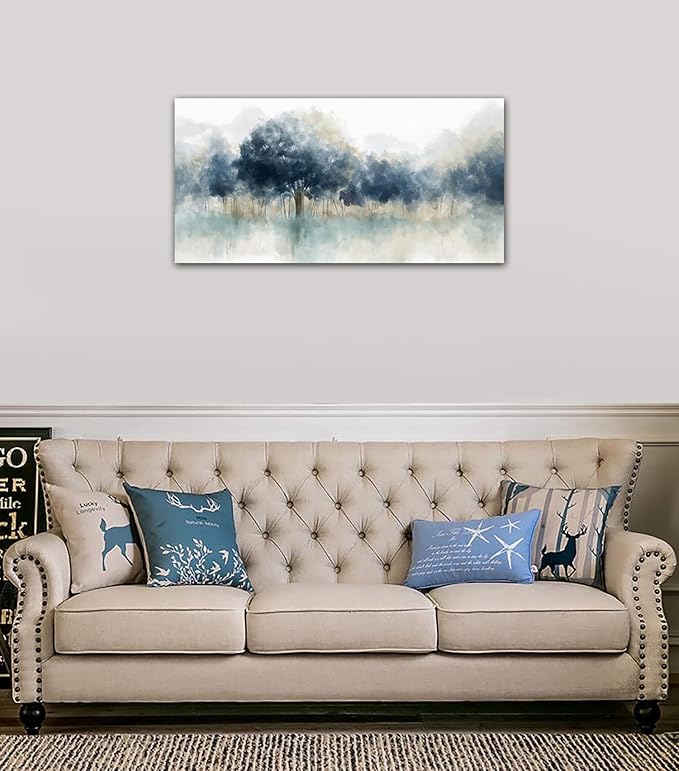 Foggy Forest Canvas Wall Art - Indigo Blue Abstract Trees Pictures for Wall Decor Nature Canvas Painting Modern Printing Artwork for Living Room Bedroom Home Office Wall Decoration 20" x 40"