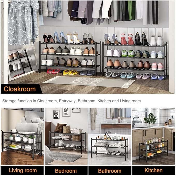 Long Shoe Rack, 3-Tier Bamboo Stackable Shoe Shelf Storage Organizer, Shoe Stand for Closet, Entryway and Hallway