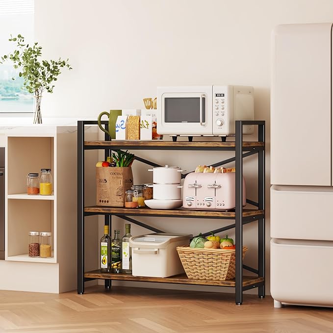 Homeiju 3 Tier Bookshelf 31.49" Width, Wood and Metal Etagere Bookcase, Vintage Farmhouse Modern Wooden Big Book Shelf for Home Living Room Bedroom Office Storage(Rustic Brown)