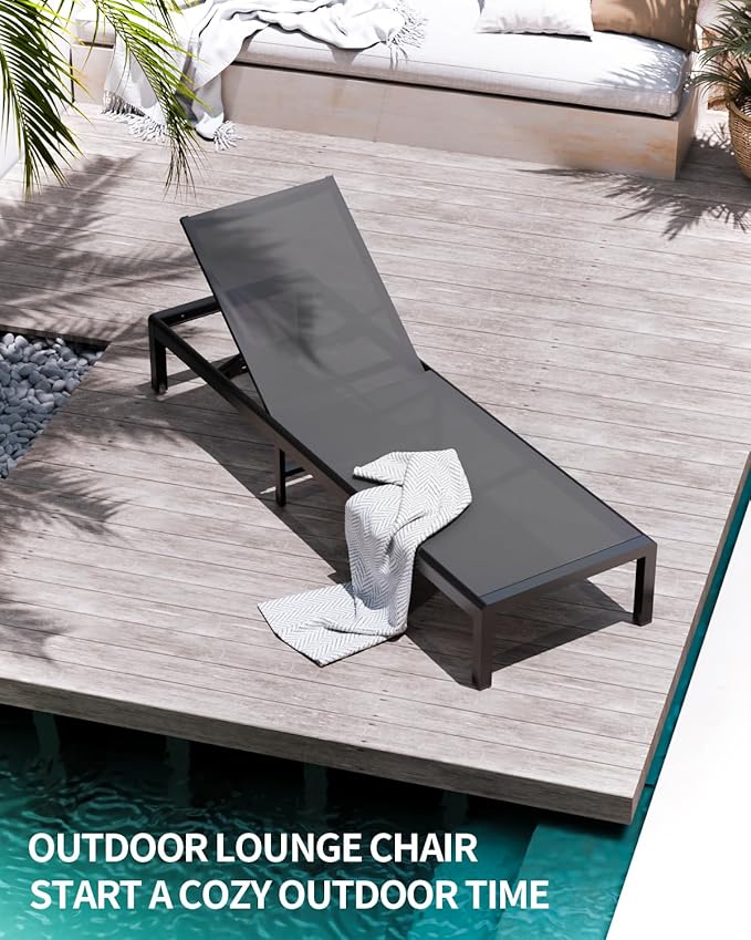 Aluminum Lounge Chairs Outdoor Chaise Furniture,2 Sets Patio Metal Deck Lounger Adjustable 5-Position Poolside Chase Recliner with Wheels for Beach,Coffee Table, (Gray, 1 Chair)