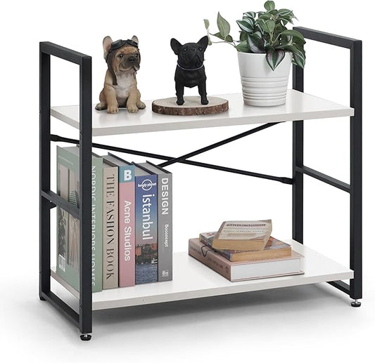 CAPHAUS 2 Tier Small Bookshelf, 24 Inch Width Free Standing Shelf, Bookcase Shelf Storage Organizer, Industrial Book Shelves for Home Office, Living Room, White Shelves & Metal Frame