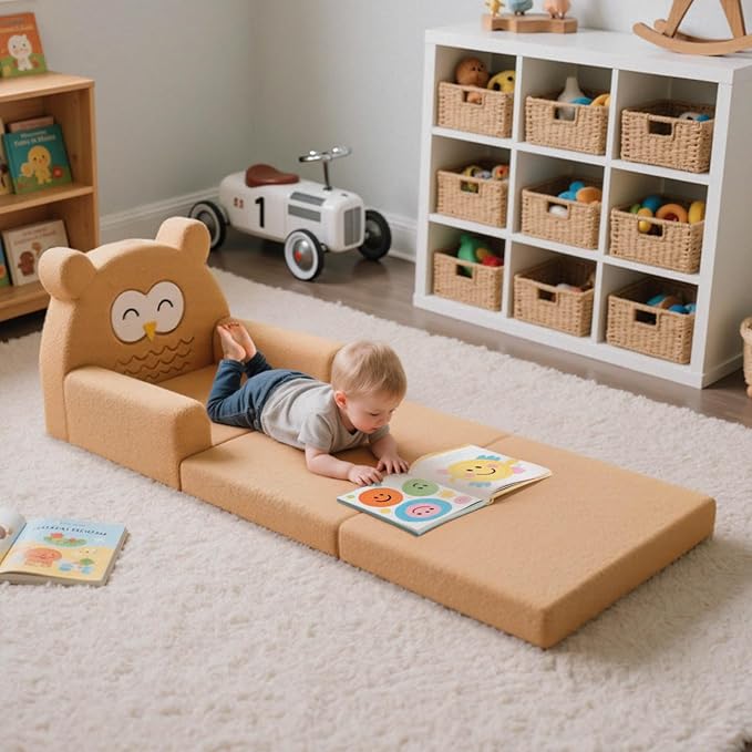 Toddler Couch, 3-Fold Convertible Kids Couch with Cute Owl Design, Fold Out Toddler Chair for 1-3 Years Old, Soft Baby Sofa Bed for Playroom, Washable Cover