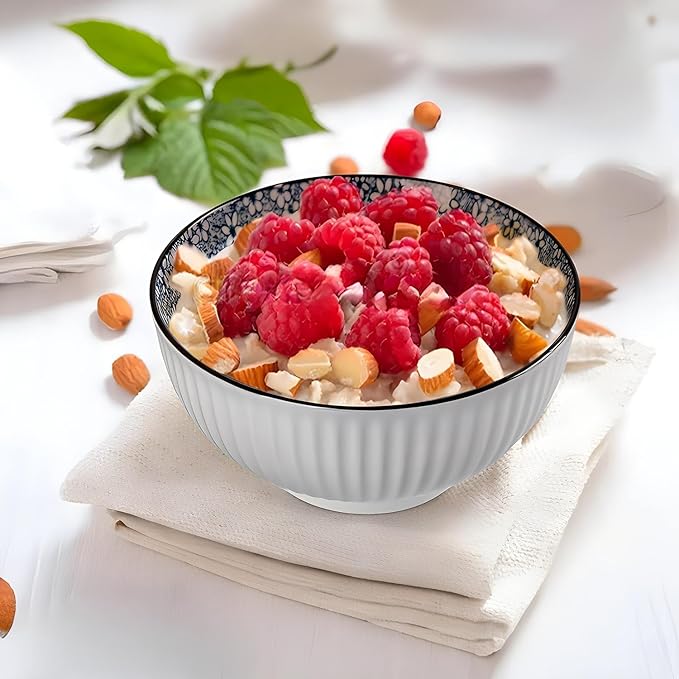 QINLANG 6 Inch Blue and White Porcelain 30 oz Bowls Set of 6 for Soup, Cereal, desserts, ice cream and Rice - Floral Pattern