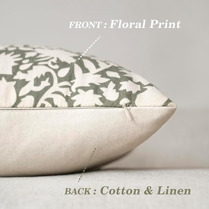 Foindtower Set of 2 Decorative Neutral Floral Throw Pillow Covers Accent Farmhouse Cushion Covers Boho Vintage Pillowcase for Couch Sofa Bedroom Living Room Home Decor Outdoor,22×22 Inch,Sage Green