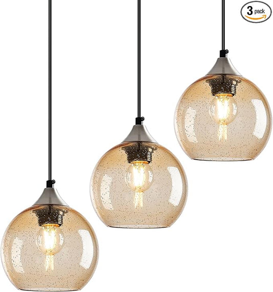 Light Brown Glass Pendant Lights Kitchen Island Globe Pendant Light Fixtures Modern Pendant Lighting for Bedroom Living Dining Room Light Fixture (5.9 in, 3 Pack)