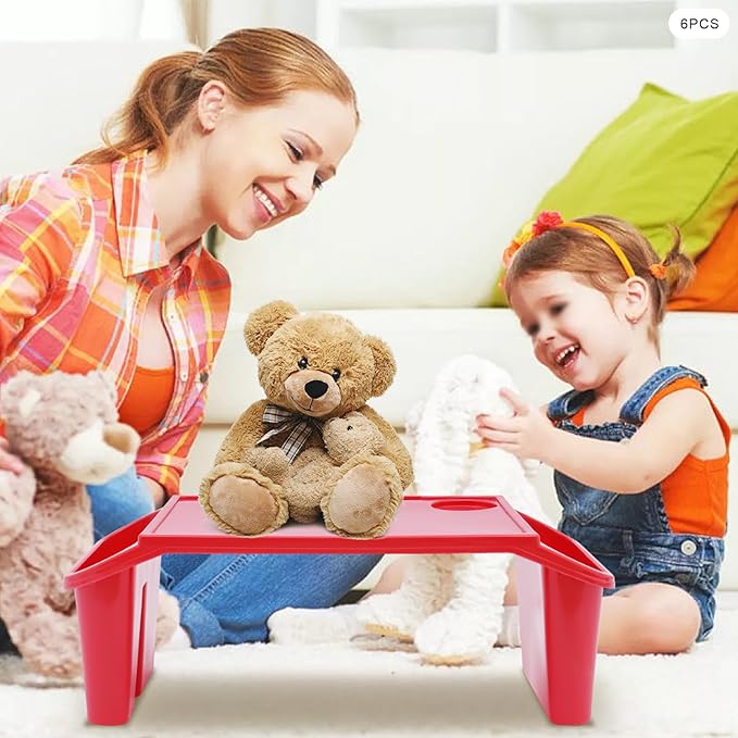 6 Pcs Kids Lap Desk Tray, Plastic Breakfast Lap Desk Trays with Side Pockets and Slot, Portable Lap Table Snack Tray for Eating, Writing, Drawing, Game, 19.69" L x 9.84" W x 7.1" H (Red*6)