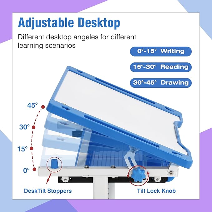PayLessHere Kids Desk and Chair Set,Height Adjustable Study Desk for Kids with Pull Out Drawer Storage,Multi-Function Study Desk and Chair for Writing, Reading and Drawing,Blue