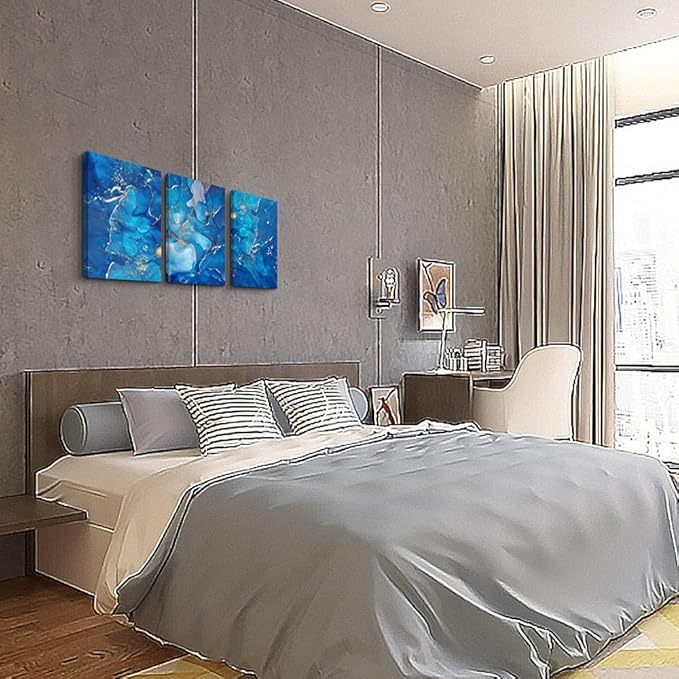 MHARTK66 Canvas Wall Art For Living Room Wall Decorations For Bedroom Modern Bathroom Wall Decor Painting Blue Abstract Pictures Artwork Inspirational Canvas Art Prints Kitchen Home Decor 3 Pieces