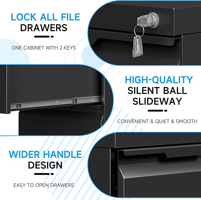 Bestoo 2 Drawer Metal Mobile File Cabinet, File Cabinet on Wheels with Lock for Letter/Legal/A4 File Under Desk, Metal Rolling File Cabinets for Home Office(Black)