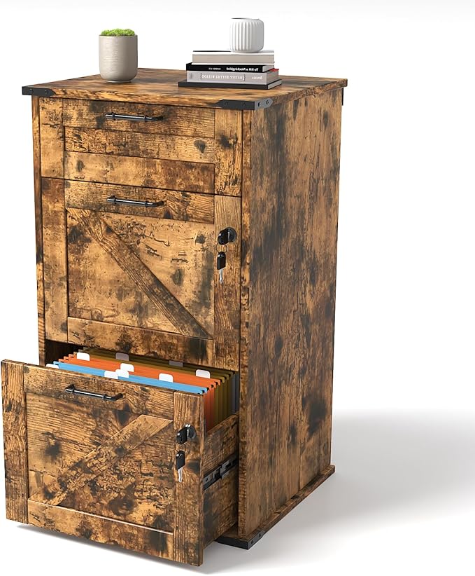 VINGLI 3 Drawer File Cabinet with Lock, Home Office Filing Organizer, for Letter Size File Folder Storage, Modern Farmhouse Style, Wood Vertical Filing Cabinet, Archivador (Rustic Brown)