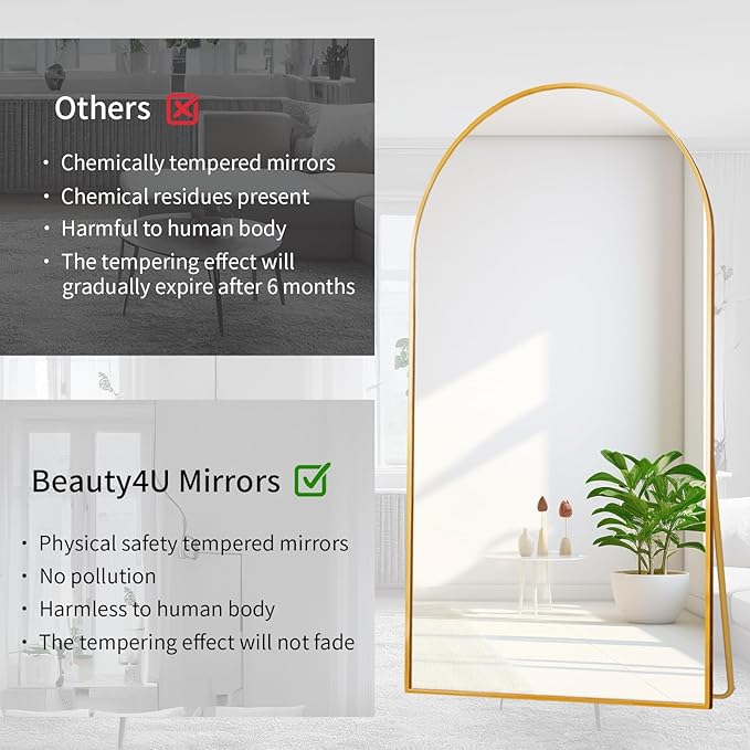 Beauty4U 76" x 34" Large Arched Full Length Mirror with Stand, Gold Wall Mounting Full Body Tempered Mirror, Metal Frame Full-Length Mirror for Living Room, Bedroom