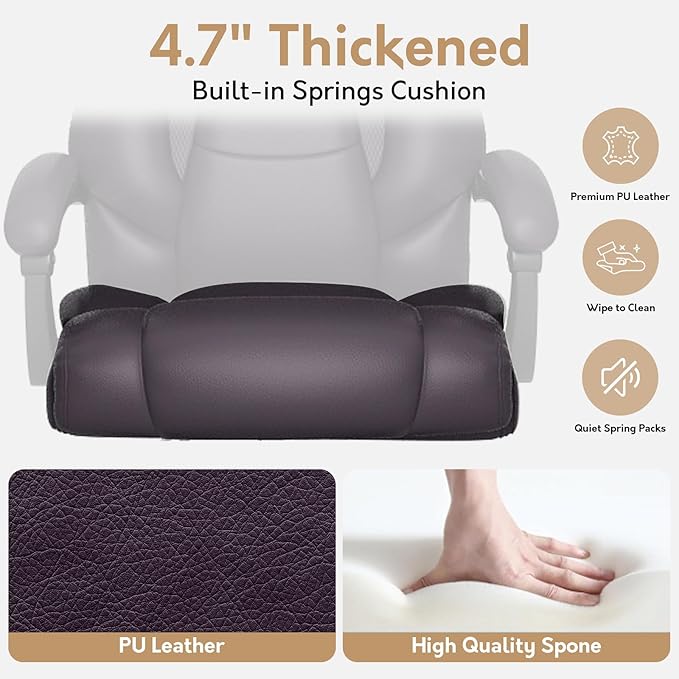 Reclining Office Chair,Recling 90-155°,Ergonomic Office Chair with Lumbar Suppot,Big and Tall Leather Desk Chair,High Back Executive Chair(Brown)