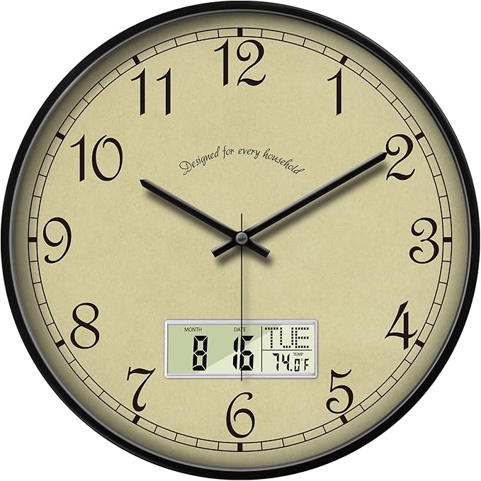 SCAOGE Retro Analog Wall Clock with Date Temperature Day Vintage Ivory Silent Battery Operated Digital Clocks with Week Large Display Clock Decorative for Living Room Kitchen Office Bathroom 14 Inch