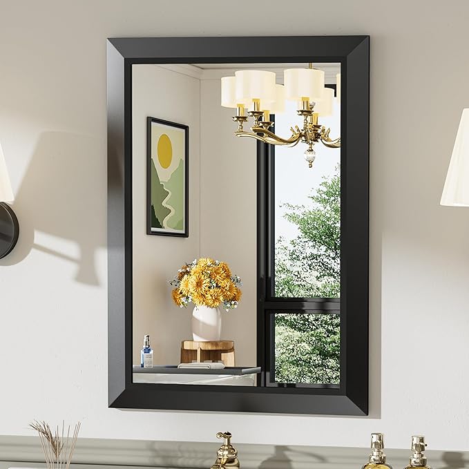 20x28 Inch Black Bathroom Mirror for Wall, Thick Metal Framed Rectangle Mirrors for Over Sink, Bedroom, Living Room, Entryway, Anti-Rust, HD Tempered Glass
