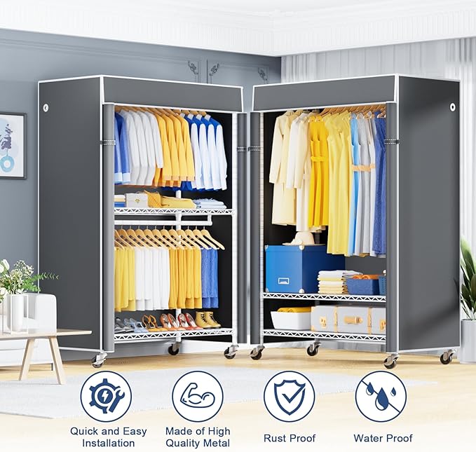 P8C Heavy Duty Clothes Rack（With Extended Width Design） Rolling Clothing Racks for Hanging Clothes with Lockable Wheels，51.2" W x 15.8" D x 80.5" H，Max Load 700LBS，White Rack with Grey Cover