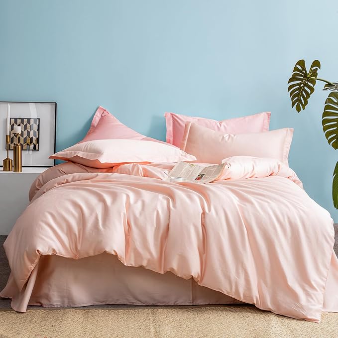 MILDLY King Duvet Cover Set Pink 100% Long-Staple Cotton Sateen Weave Luxury Soft Comforter Cover Set 3 Piece with Zipper Closure & Corner Tie (No Comforter)