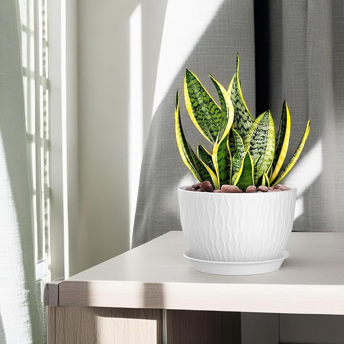 12/10/9 Inch Plant Pots, 3 Pack Large Flower Pots for Indoor and Outdoor Plants with Water Ripples, Large Plastic Flower Pots with Drainage Holes and Tray for Garden Indoor Plants,White