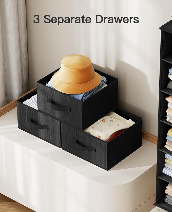 Pipishell Hanging Closet Organizer 6-Shelf, Hanging Shelves for Closet with 3 Removable Drawers & Side Pockets, Hanging Shelf Organizer for Bedroom or Garment Rack, 12'' x 12'' x 43.3'', Black