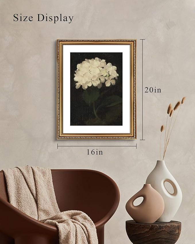 VIYYIEA Gold Framed Wall Art Canvas Print Home Decor Vintage Flower Art Aesthetic Room Decor White Hydrangea Oil Painting Canvas Prints Bedroom Bathroom Wall Decor Kitchen Office Floral Art 16x20in