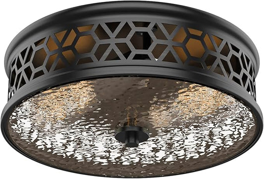 EAPUDUN Flush Mount Ceiling Light, 12 Inch 2 Light Vintage Ceiling Light with Rippled Glass, Black Ceiling Fixture for Hallway Corridor Kitchen Bathroom Bedroom Passway FMA1538-MBK
