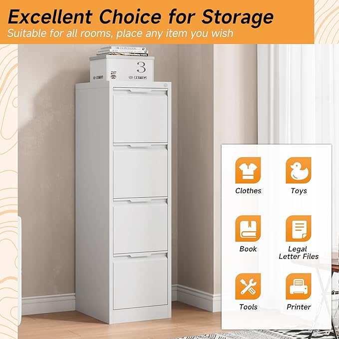 Bestoo 17.8" D Vertical File Cabinet, 4 Drawer Metal Filing Cabinets with Lock, Steel Filing Cabinet for Home Office, File Cabinet for Letter/Legal/A4/F4 Size, Easy Assemble (White)