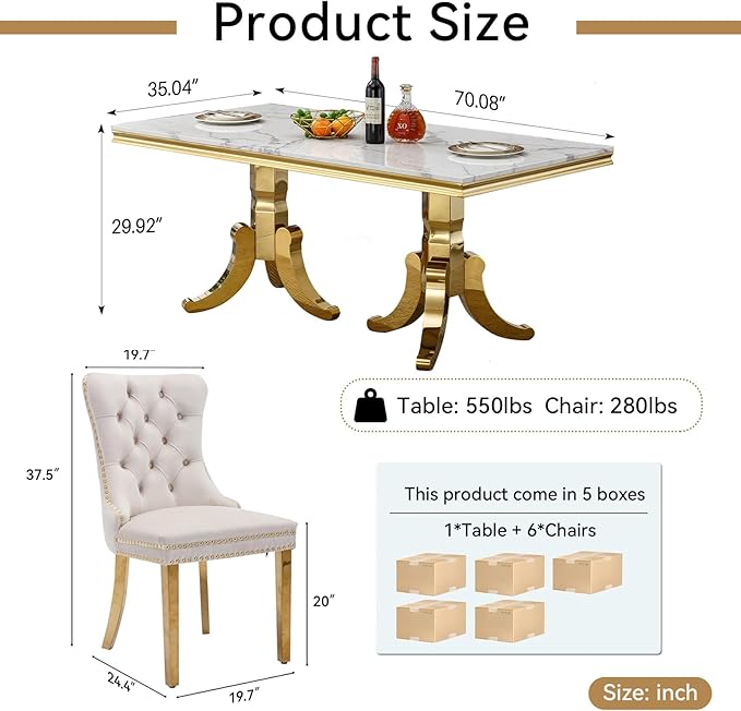 Goujxcy Faux Marble Dining Table Set for 6, Modern 7-Piece Dining Table Set with 6 Velvet Upholstered Chairs, 70" Large Long Faux Marble Kitchen Dining Room Table and Chairs with Stainless Steel Legs