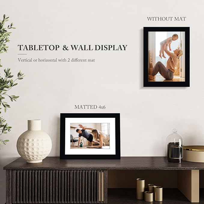 KINLINK 6x8 Picture Frame Black, Solid Wood Frames with Acrylic Plexiglass for Pictures 4x6 with Mat or 6x8 without Mat, Tabletop and Wall Display Photo Frame, Set of 4