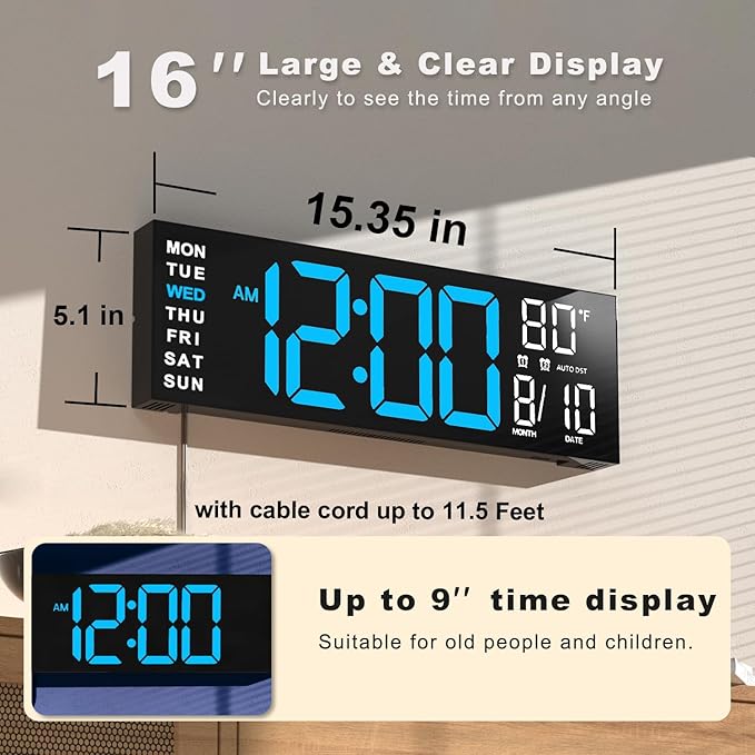 JALL 16" Large Digital Wall Mount Clock, Count Down Timer, Alarm, Big LED, RGB Color, DST, Temperature for Living Room Classroom Desk, Xmas, Birthday Gift for Senior Mom Dad (Blue White, 16 inches)