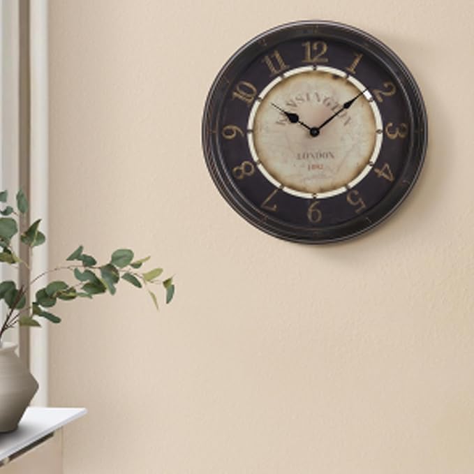 16 Inch Vintage Wall Clock, Silent Non-Ticking Quartz Battery Operated Decorative Clock for Home, Kitchen, Living Room, Dining Room, Office, Gold Brown Arabic Number