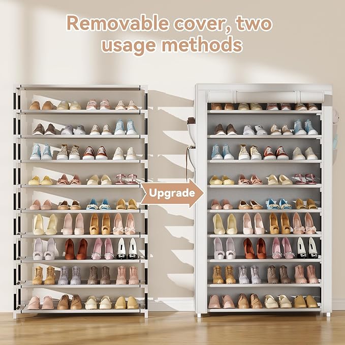Shoe Rack with Covers 10 Tier Tall Shoe Rack Organizer Large Capacity Shoe Shelf Storage 40 Pairs Space Saving Free Standing Shoe Storage Organizer for Closet, Entryway, Dorm, White
