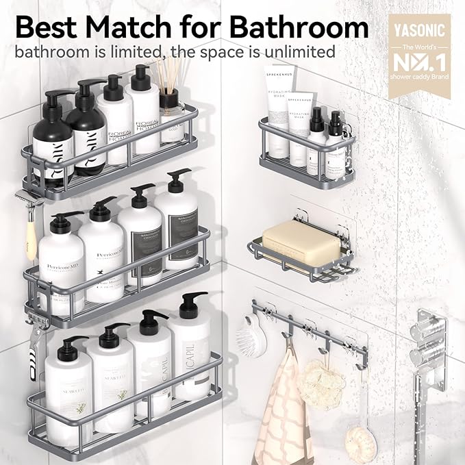 YASONIC Shower Caddy, 6 Pack Large Capacity shower Organizer with Soap Holder and 12 Hooks, Rustproof Shower Shelves for Inside Shower, No Drilling&Sleek Bathroom Organizers and Storage Grey