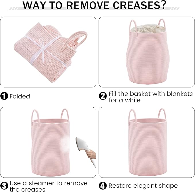 Woven Rope Laundry Hamper, 58L Tall Luandry Basket, Baby Nursery Hamper for Blanket Storage in Bedroom-Large-Pink