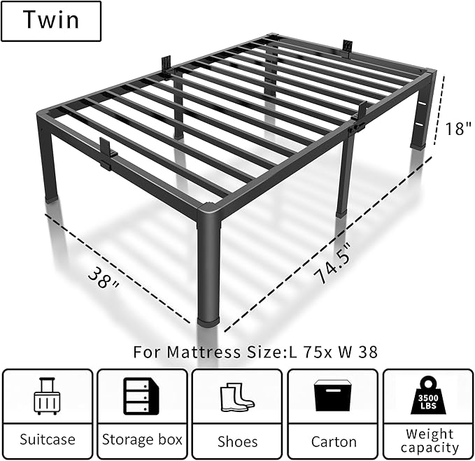 ROIL 18 Inch Twin Bed Frame with Rounded Corner and Headboard Hole Mattress Retainers 3500LBS Metal Heavy Duty Steel Slats No Box Spring Needed Platform Noise-Free Easy Assembly