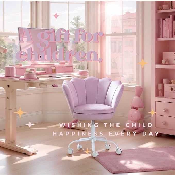 Purple Kids Desk Chair, Cute Velvet Adjustable Children Desk Chair Rolling Study Armchair Upholstered Computer Chair Shell Back 360° Swivel Vanity Chair for Teen Boys Girls Bedroom Study