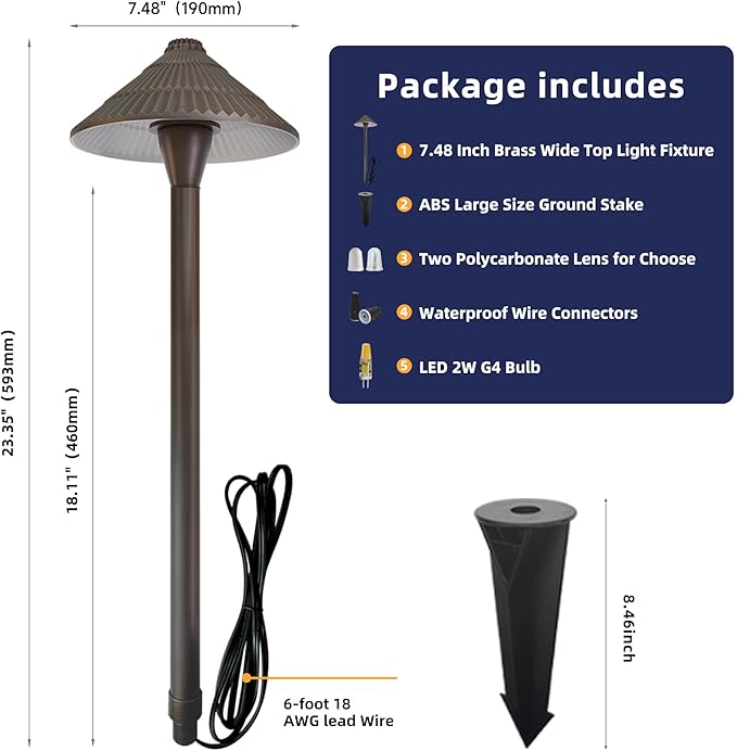 COLOER Solid Cast Brass Pathway Lights, 4 Pack 12V Low Voltage Landscape Lighting LED Path Lights with G4 Bulb for Outdoor Walkway, Garden, 23" Tall, 7.5" Shade