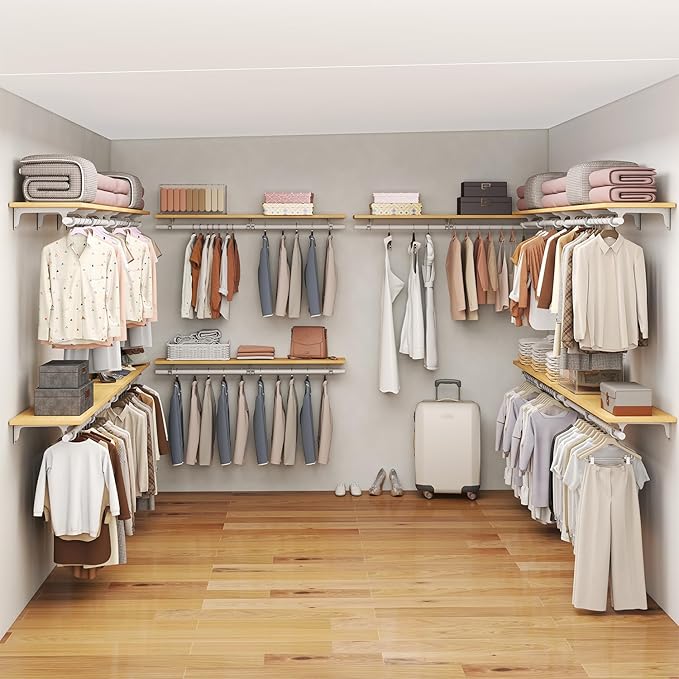 Mounted Closet Systems with Removable Shelves & Hanging Rods - Solid Wood Wall-Mounted Wardrobe Organizer for Bedroom, Walk-in Closet, 47.2in Space Saving Closet Storage System（1 Pack）