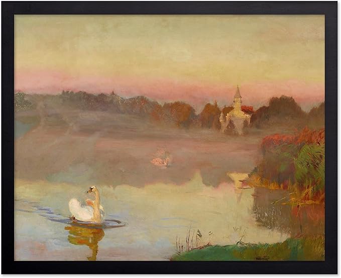 Poster Master Vintage Pond in Radziejowice Poster - Retro Swan Print - Lake Art - Landscape Art - Farmhouse Art - Animal Lover Art - Aesthetic Living Room or Office Decor, 16x20 Black Framed