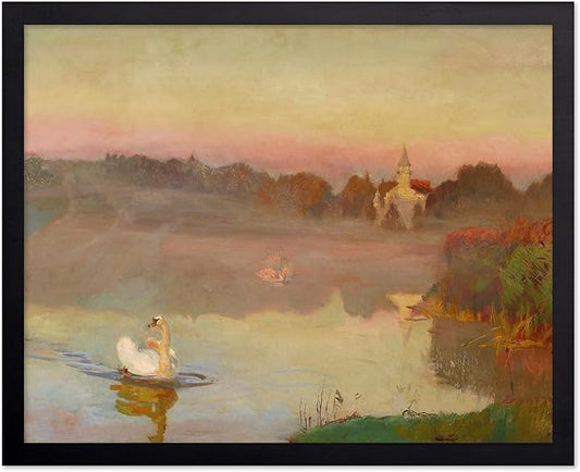 Poster Master Vintage Pond in Radziejowice Poster - Retro Swan Print - Lake Art - Landscape Art - Farmhouse Art - Animal Lover Art - Aesthetic Living Room or Office Decor, 8x10 Black Framed