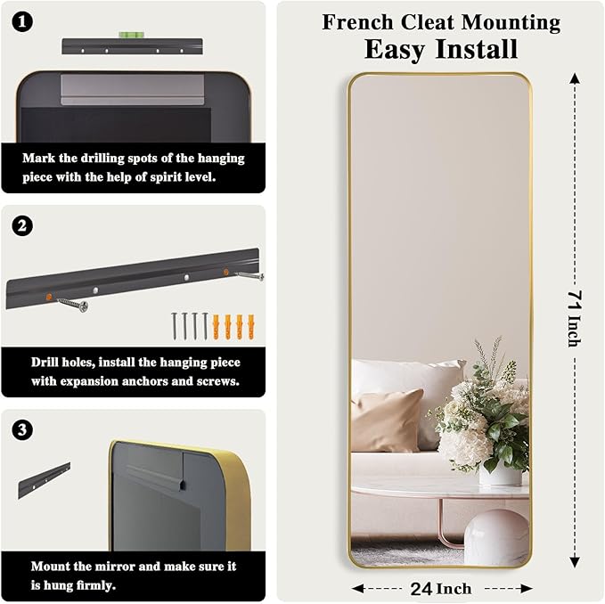 Rectangle Mirror Full Length 24" x 71" Large Floor Mirror Gold Metal Deep Frame Wall Mounted Hanging Mirror for Home Decor Leaning Wall Full Body Dressing Mirror for Closet Bedroom