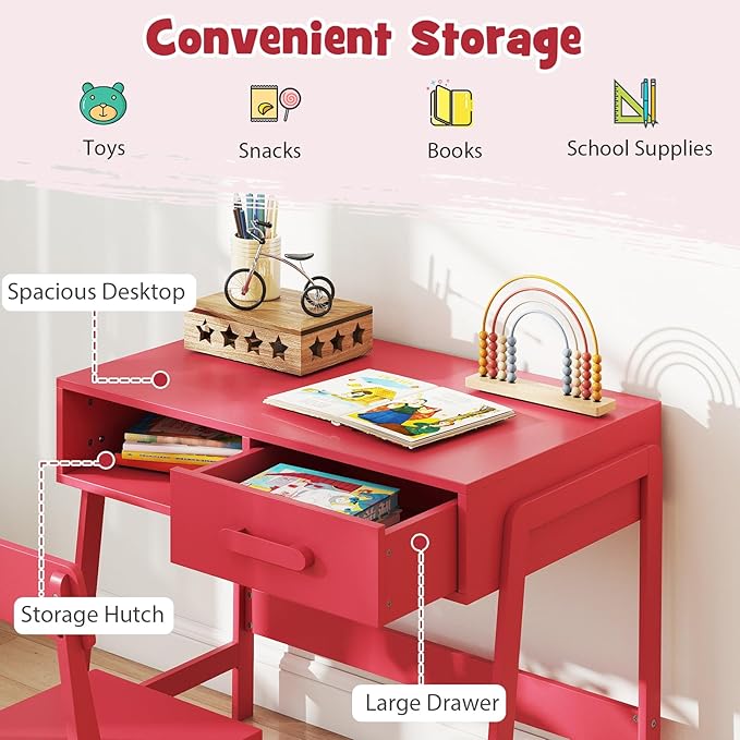 HONEY JOY Kids Desk and Chair Set, Wooden Children School Study Table and Chair w/Storage Drawer & Hutch, Student Writing Desk Computer Workstation for Bedroom, Gift for 3+ Years Old (Pink)