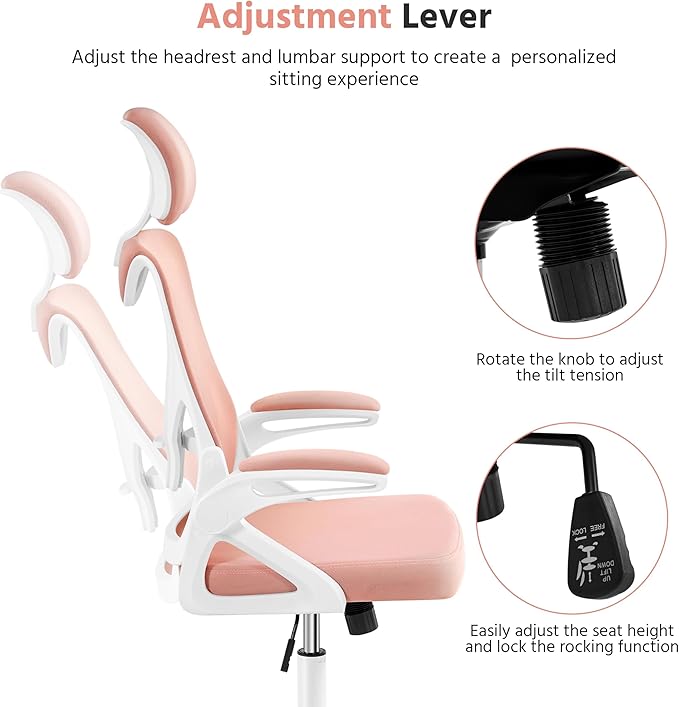 Yaheetech Ergonomic Office Chair, High Back Mesh Desk Chair with flip-up Armrests, Adjustable Headrest Computer Chair with Lumbar Support for Home Oiffce Gaming Room, White/Pink