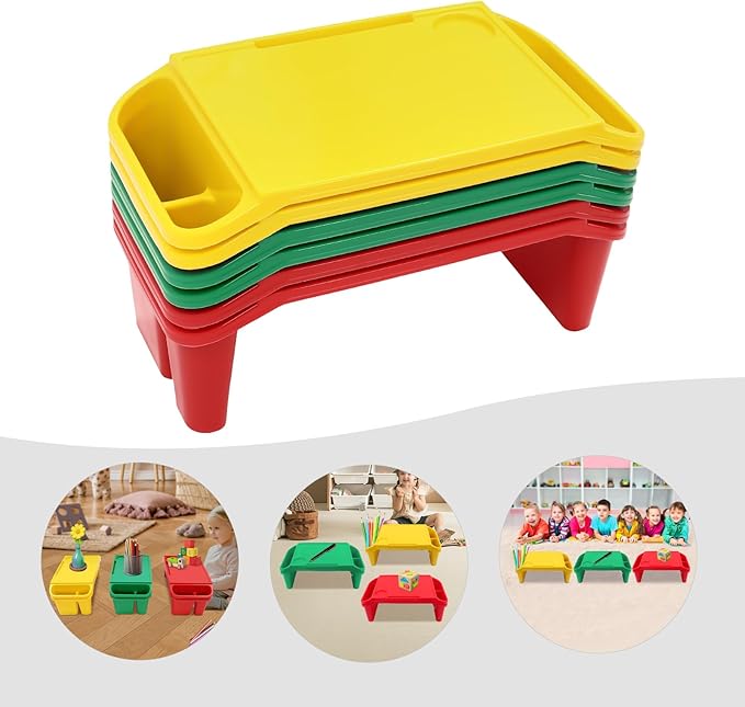 6 Pcs Kids Lap Desk Tray, Plastic Breakfast Lap Desk Trays with Side Pockets and Slot, Portable Lap Table Snack Tray for Eating, Writing, Drawing, Game, 19.69" L x 9.84" W x 7.1" H (3 Colors)