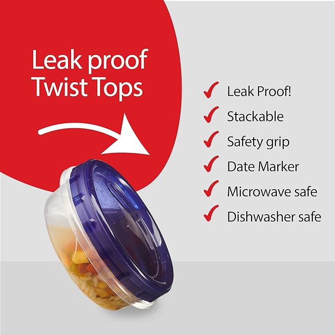 PLASTICPRO 12 Pack Twist Cap Food Storage Containers with Blue Screw on Lid- 8 oz Reusable Meal Prep Containers - Freezer and Microwave Safe Blue Plastic Food Storage