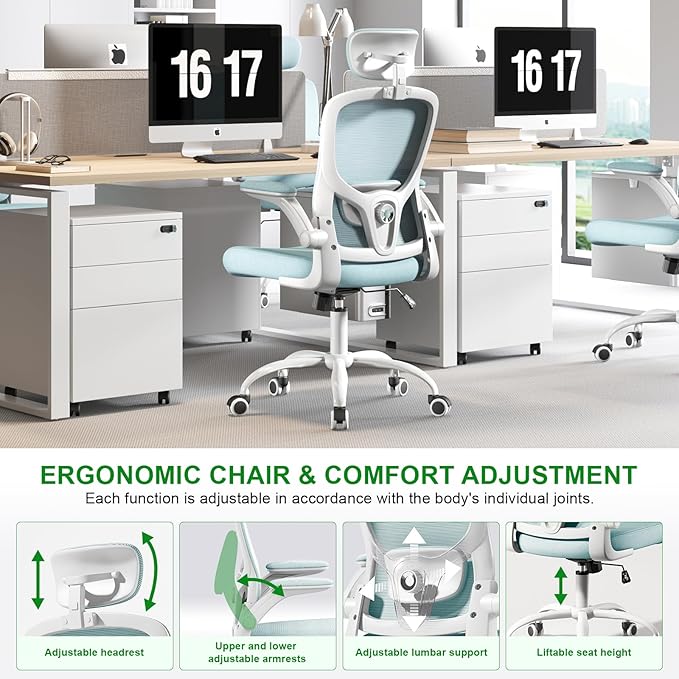 Multi-Adjustable Ergonomic Office Chair, Study Chair, Summer Mesh Comfortable High Back Chair, Headrest, Lumbar Support, Armrest, Seat Height.(White-Blue)
