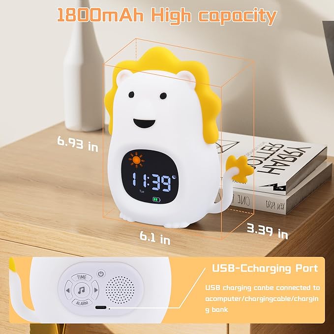 Kids Alarm Clock,Soft White Noise Sleep Trainer,Bedroom Kid Night Light Clock, Kid Wake-up Clock with Snooze Function,Bedtime Companion for Independent Sleep (Lion)