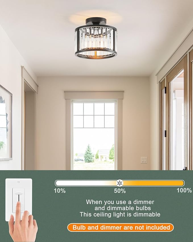 Black Flush Mount Ceiling Light, 2- Light Caged Crystal Chandelier, Small Drum Hallway Light fixtures Ceiling Mount (8.6 INCH Black)