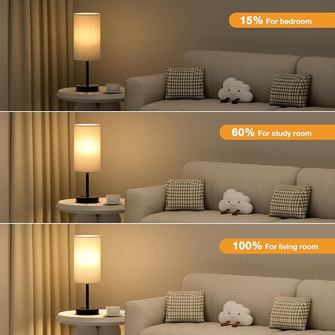 Touch Table Lamp - Beige, 3-Way Dimmable, USB A + C Charging, AC Outlet, 17.4inch Medium, Black Metal Base