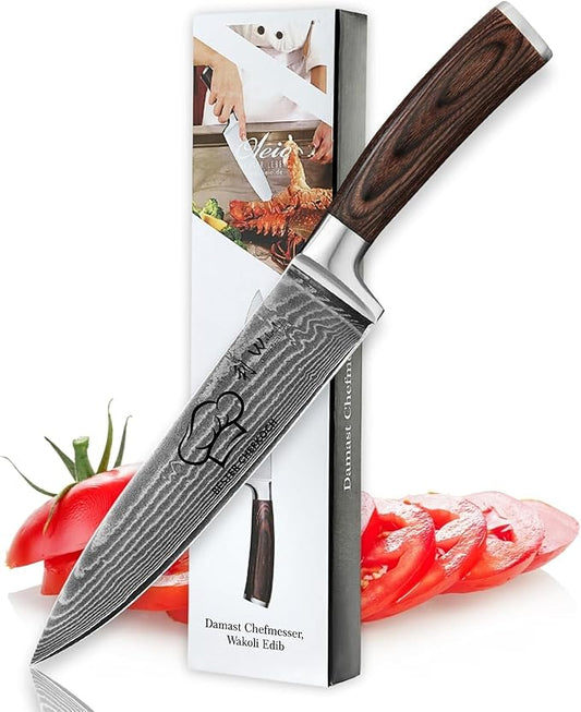 Wakoli 8-inch Damascus Chef Knife - 67-Layer VG10 Core Steel, Razor Sharp Professional Kitchen Knife with Ergonomic Pakkawood Handle, for Slicing, Dicing & All Cooking Tasks - Gift Box (EDIB)