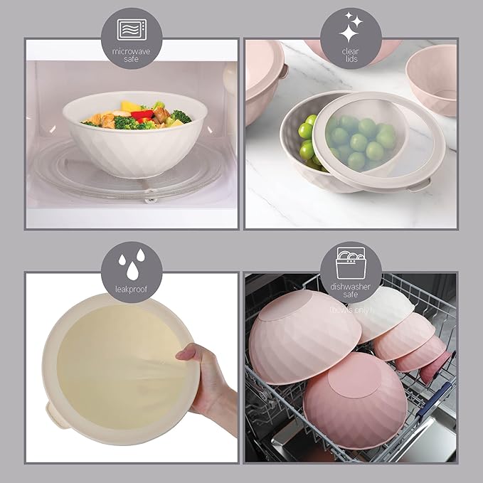 COOK WITH COLOR Mixing Bowls with Lids - 12 Piece Plastic Nesting Bowls Set includes 6 Prep Bowls and 6 Lids, Diamond Design - Microwave Safe (Mint)