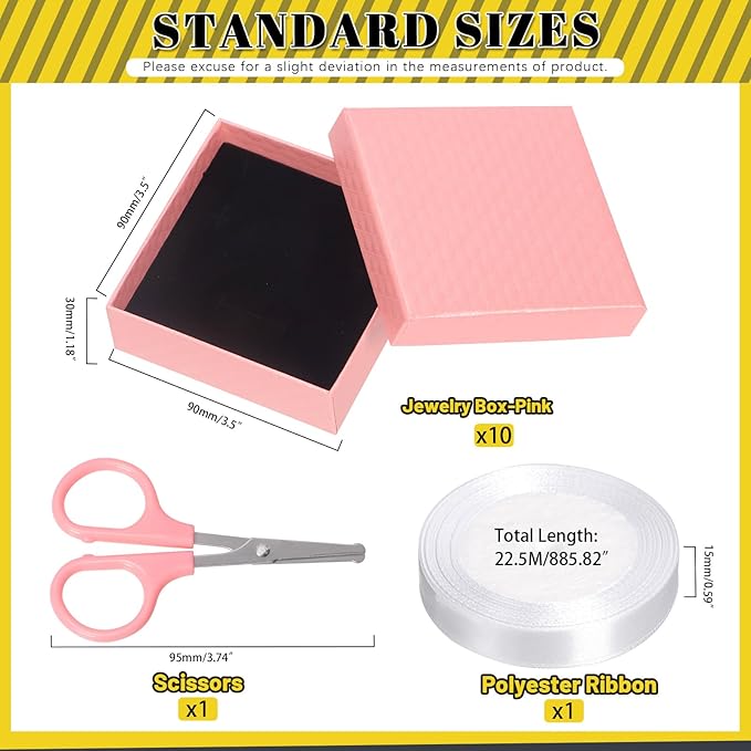 Glarks 12pcs Pink 9 x 9 x 3CM Jewelry Gift Boxes with Pink Scissors and 1.5 x 225CM White Polyester Ribbon Set, Diamond Pattern Necklace Earring Bracelet Boxes Gift Case Ideal